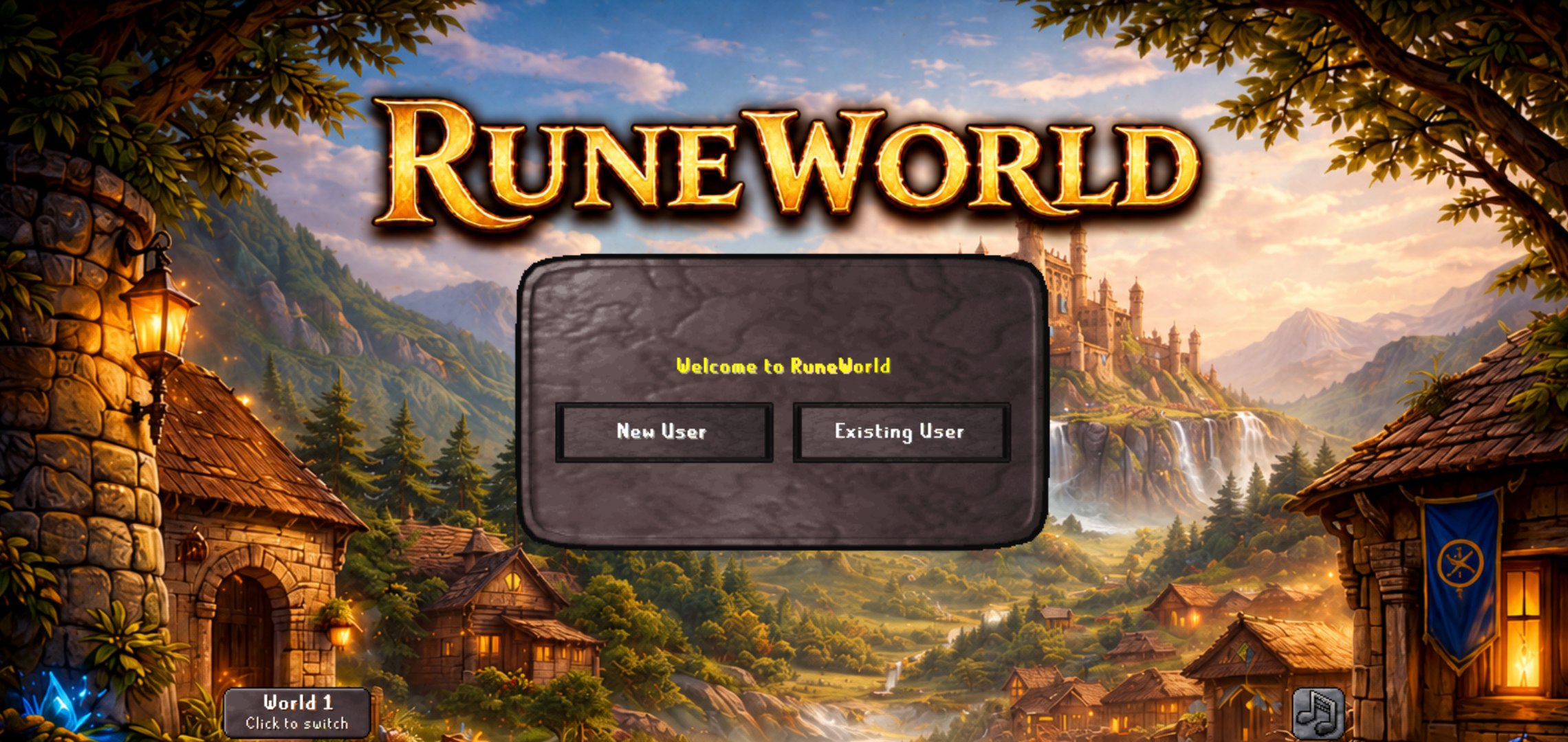 The RuneWorld Mobile welcome screen running on Android